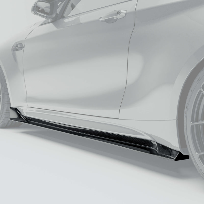 High-gloss render of the BMW M2 F87 Competition Edition with carbon-fiber side skirts (partial view)