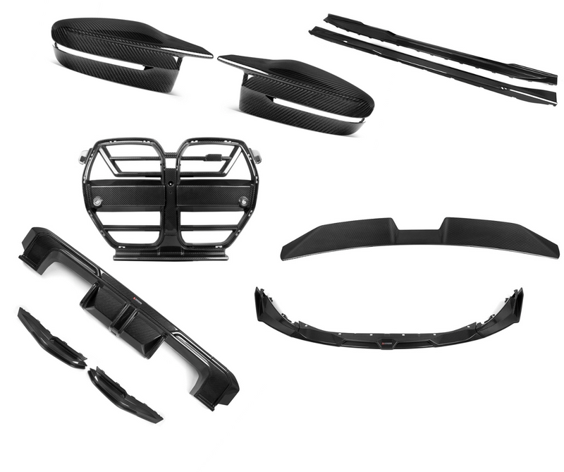 BMW M3 G80 — SooQoo Komplett Carbon Kit (Frontleppe, Sideskjørt, Diffuser, Spoiler, Grill, Speil)