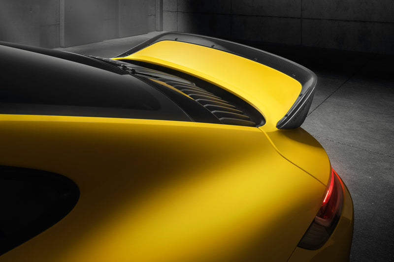 Techart Porsche 992 Turbo Rear Spoiler III CFC ALU Matte — bakperspektiv racing yellow