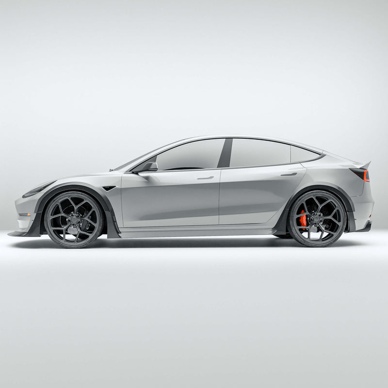Overall Side View of the Tesla Model 3 with Carbon Fiber Wheel Arches