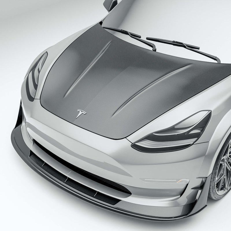 Tesla Model 3 Carbon Fiber Hood: Front and Side Views