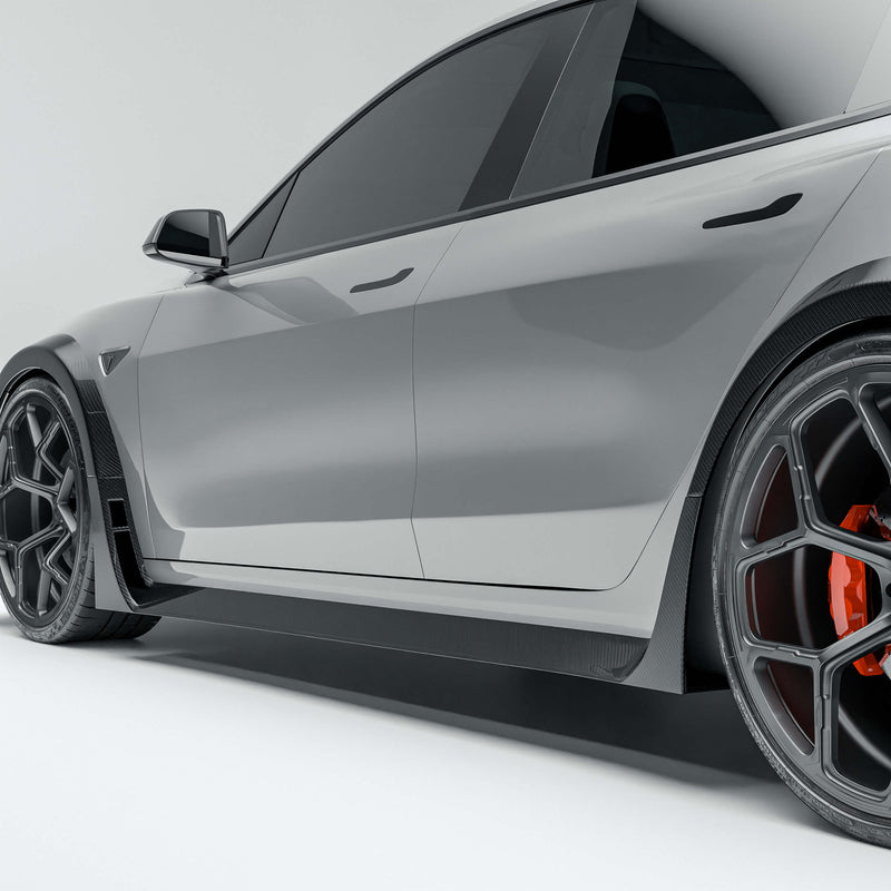 Tesla Model 3 Carbon Fiber Side Skirt, 45° Rear View