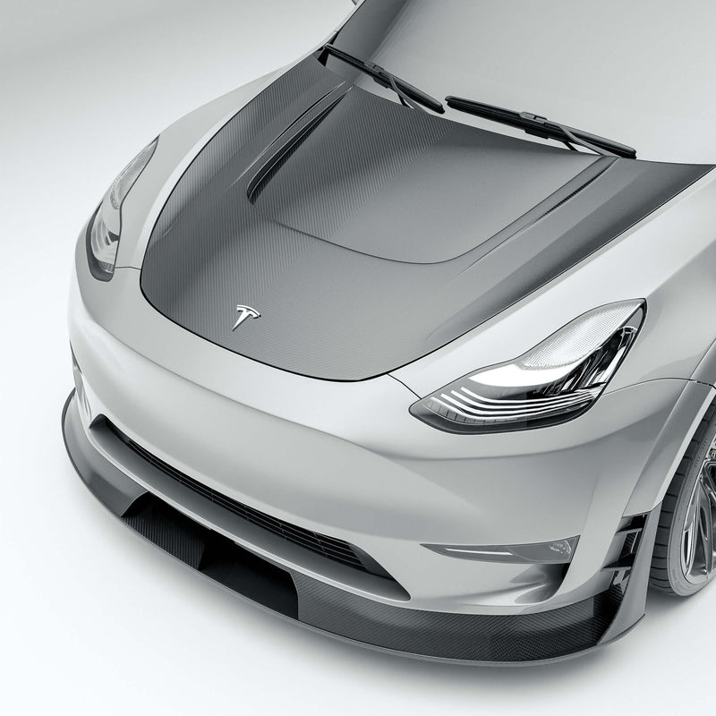 Tesla Model Y 21-24 with a carbon fiber hood on a white background