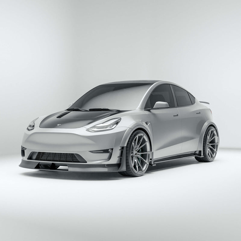 Tesla Model Y 21-24 with a carbon fiber Frontlip on a white background
