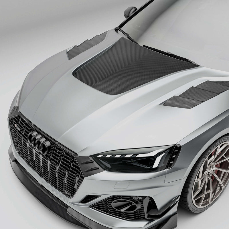 Audi car with a carbon fiber hood on a white background