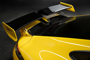 Techart Porsche 992 Carrera Rear Spoiler II — racing yellow spoiler detalj