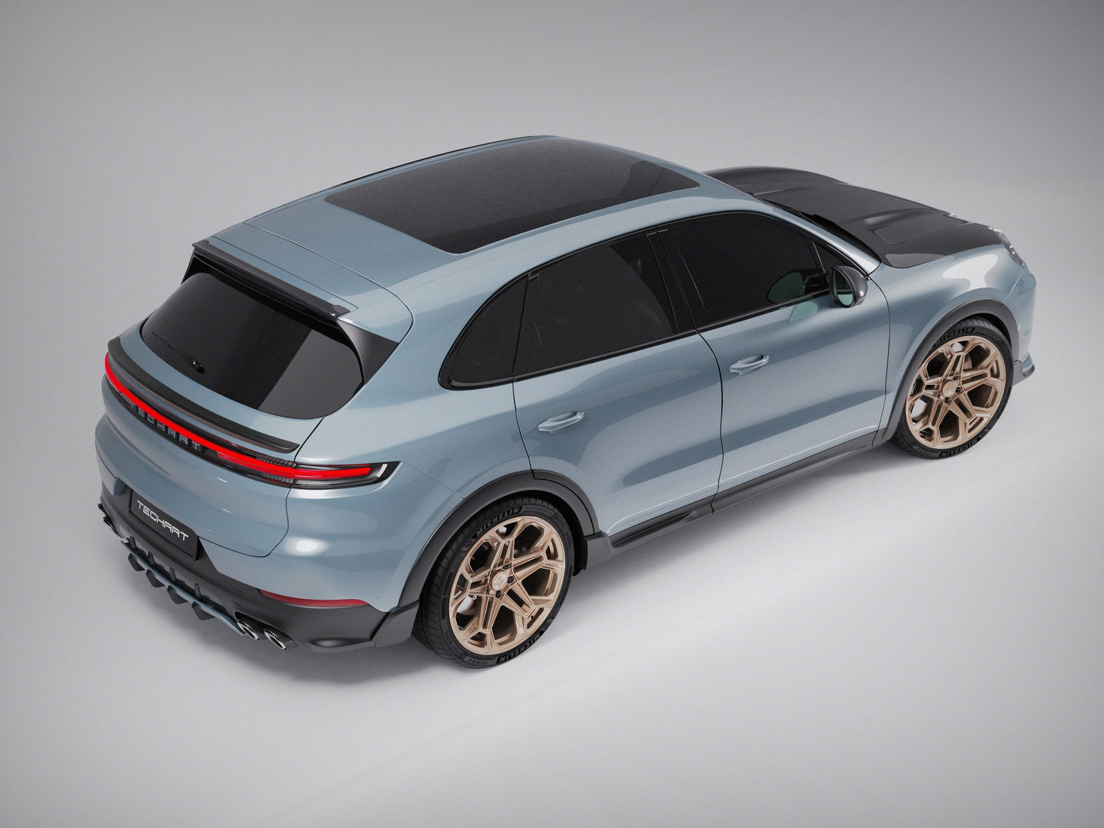 Techart Porsche Cayenne Turbo E3 Carbon Takspoiler CFC — blå/sort sideperspektiv