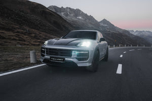 Techart Porsche Cayenne E3.2 Front Spoiler I — sølv/sort 3/4 perspektiv