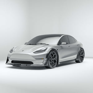 Front and side views of the Tesla Model 3 with the carbon fiber kit installed
