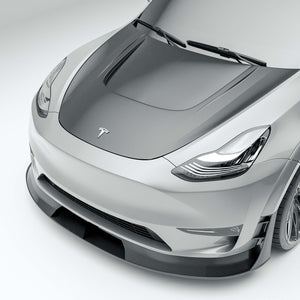 Tesla Model Y 21-24 with a carbon fiber hood on a white background