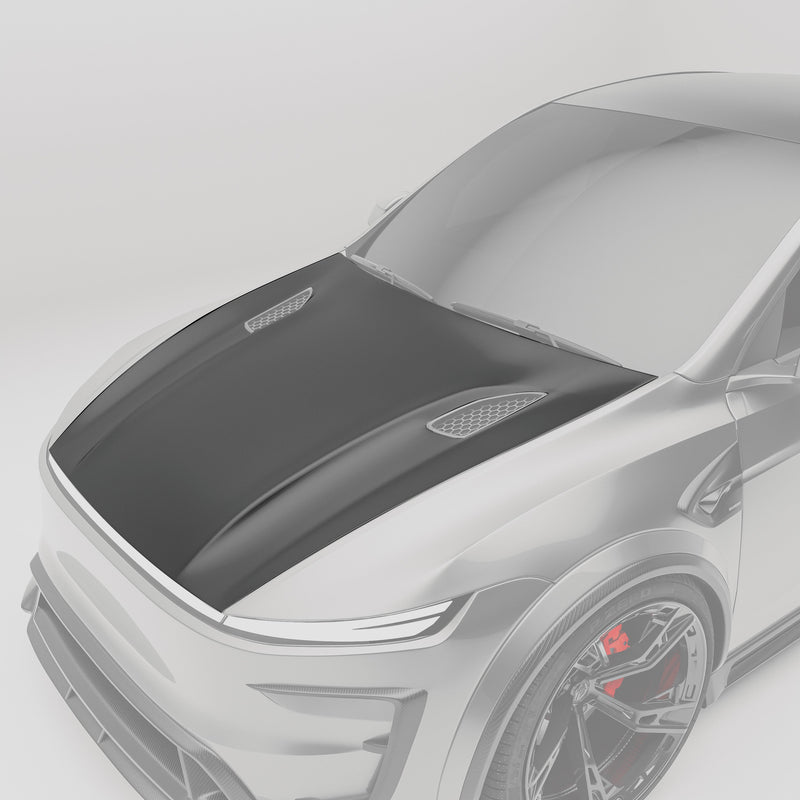 Tesla Model Y Juniper carbon fiber hood front angle