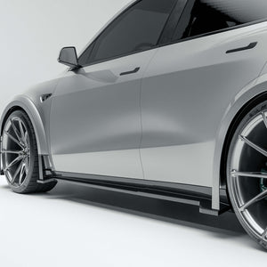 Tesla Model Y 21-24 with a carbon fiber side skirts on a white background