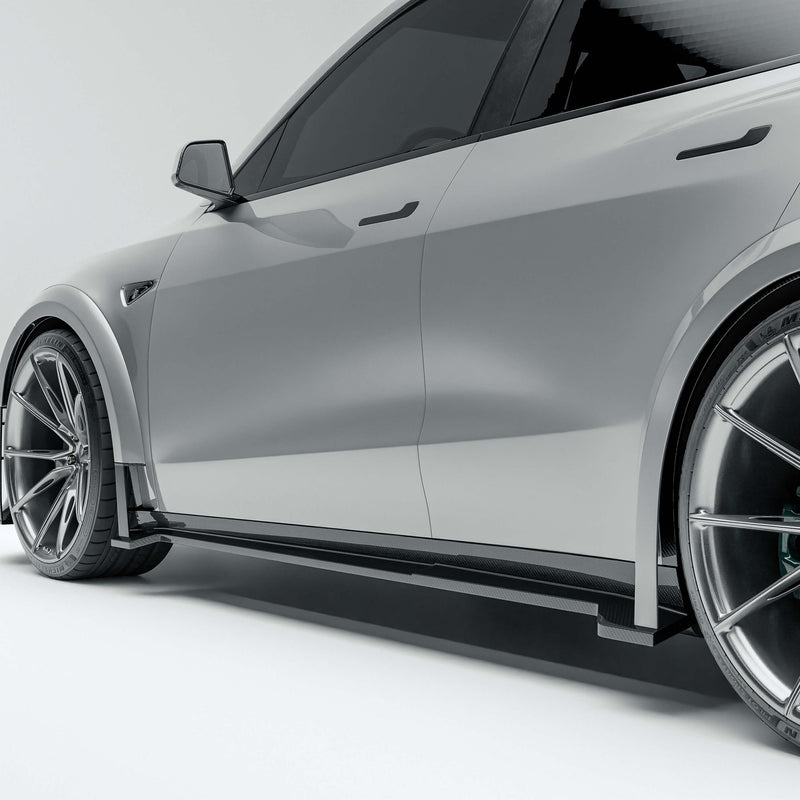 Tesla Model Y 21-24 with a carbon fiber side skirts on a white background