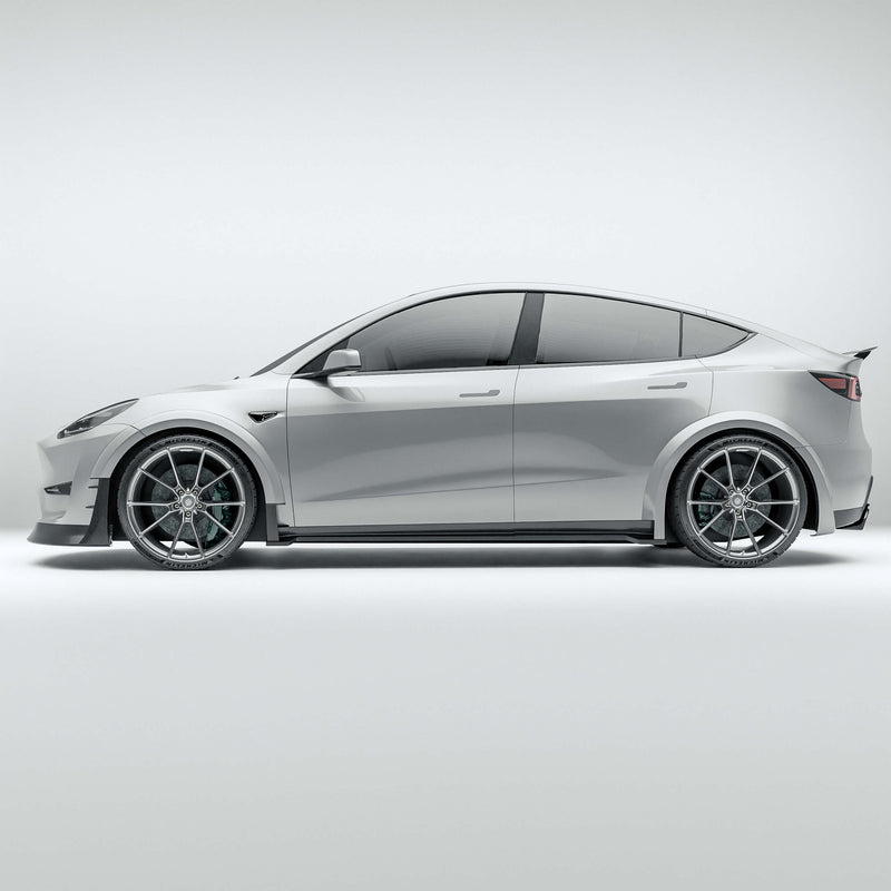 Tesla Model Y 21-24 with a carbon fiber wheel cover on a white background
