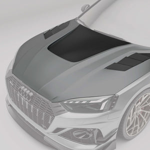 Audi RS5 coupe carbon fiber hood close-up with protruding sections